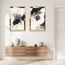 Zevahir Mobilya Dekorasyon Gold Aynalı Pleksi Çerçeveli Beyaz Arka Planlı Siyah Fırça Izleri Ikili Mdf Tablo Seti