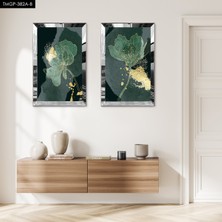 Zevahir Mobilya Dekorasyon Gümüş Aynalı Pleksi Çerçeveli Yeşil Soyut Dekoratif Gül Ikili Mdf Tablo Seti