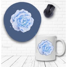 Mavi Gül Baskılı Kupa Bardak ve Bilek Destekli Mouse Pad Seti