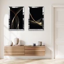 Zevahir Mobilya Dekorasyon Gümüş Aynalı Pleksi Çerçeveli Gold Çizgisel Soyut Tasarım Ikili Mdf Tablo Seti