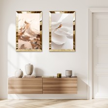 Zevahir Mobilya Dekorasyon Gold Aynalı Pleksi Çerçeveli Beyaz Soyut Ikili Mdf Tablo Seti