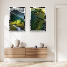 Zevahir Mobilya Dekorasyon Gümüş Aynalı Pleksi Çerçeveli Köyde Ağaçlar Manzaralı Modern Ikili Mdf Tablo Seti