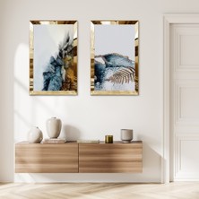 Zevahir Mobilya Dekorasyon Gold Aynalı Pleksi Çerçeveli Mavi Tonları Soyut Desenler Dekoratif Ikili Mdf Tablo Seti