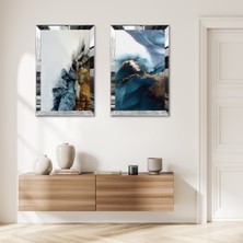 Zevahir Mobilya Dekorasyon Gümüş Aynalı Pleksi Çerçeveli Mavi Tonları Soyut Desenler Modern Ikili Mdf Tablo Seti