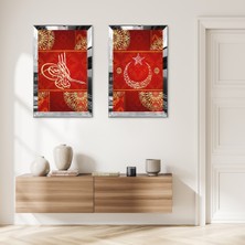 Zevahir Mobilya Dekorasyon Gümüş Aynalı Pleksi Çerçeveli Ay Yıldız ve Osmanlı Tuğrası Dekoratif Ikili Mdf Tablo Seti