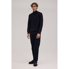 Jakamen Lacivert Slim Fit Desenli Pamuklu Tam Balıkçı Yaka Triko