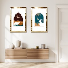 Zevahir Mobilya Dekorasyon Gold Aynalı Pleksi Çerçeveli Gece Deve Dekoratif Ikili Mdf Tablo Seti