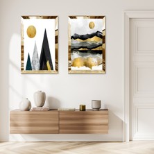 Zevahir Mobilya Dekorasyon Gold Aynalı Pleksi Çerçeveli Altın Siyah Kolaj Çizim Dağlar ve Ağaç Dalı Ikili Mdf Tablo Seti