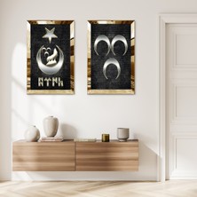 Zevahir Mobilya Dekorasyon Gold Aynalı Pleksi Çerçeveli Gri Arka Planlı Gümüş 3 Hilal ve Ay Yıldız Bozkurt Ikili Mdf Tablo Seti