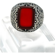 Yıldırım Antik Desenli Kırmızı Akik Taşlı 925 Ayar Gümüş Erkek Yüzük – El Işçiliğiyle Asaletin Buluşması
