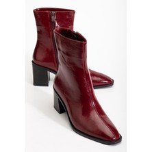 Dilimler Ayakkabı Bordo Kadın Kalın Topuklu Bot Rugan Küt Burun Yüzüdüz