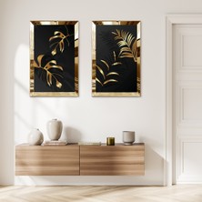 Zevahir Mobilya Dekorasyon Gold Aynalı Pleksi Çerçeveli Siyah Arka Planlı Soyut Gold Çiçek Ikili Mdf Tablo Seti