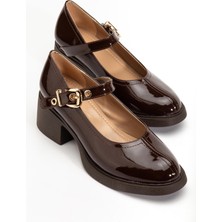 Dilimler Ayakkabı Kahverengi Kadın Topuklu Günlük Ayakkabı Rugan Baretli Kalın Taban