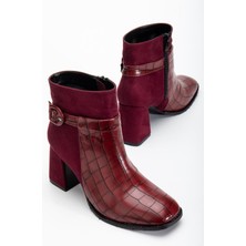 Dilimler Ayakkabı Süet ve Kroko Deri Küçük Kemerli Bordo Kadın Kalın Topuklu Bot