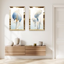 Zevahir Mobilya Dekorasyon Gold Aynalı Pleksi Çerçeveli Mavi Soyut Çiçek Ikili Mdf Tablo Seti