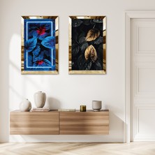 Zevahir Mobilya Dekorasyon Gold Aynalı Pleksi Çerçeveli Yeşil Mavi Yapraklar Ikili Mdf Tablo Seti