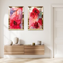Zevahir Mobilya Dekorasyon Gold Aynalı Pleksi Çerçeveli Kırmızı Çiçekler Ikili Mdf Tablo Seti