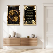 Zevahir Mobilya Dekorasyon Gold Aynalı Pleksi Çerçeveli Siyah Arka Planlı Gold Yaprak ve Dini Ayet Ikili Mdf Tablo Seti