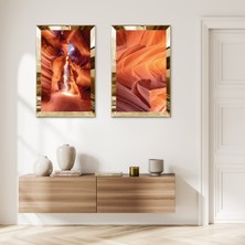 Zevahir Mobilya Dekorasyon Gold Aynalı Pleksi Çerçeveli Turuncu Soyut Kum Ikili Mdf Tablo Seti