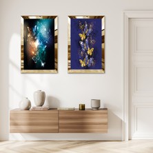 Zevahir Mobilya Dekorasyon Gold Aynalı Pleksi Çerçeveli Mor ve Siyah Arka Planlı Renkli Kelebekler Ikili Mdf Tablo Seti