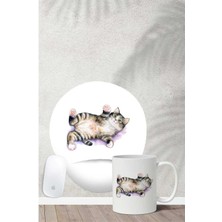 Tekir Kedi Desenli Bilek Destekli Mouse Pad Kupa Seti
