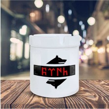 Beyaz Göktürk Yazılı Kurt Baskılı Küllük Seramik Kül Tablası 201879