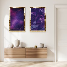 Zevahir Mobilya Dekorasyon Gold Aynalı Pleksi Çerçeveli Mor Çiçekler Modern Ikili Mdf Tablo Seti