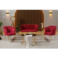 Garden House Zentro Kırmızı Kumaş Metal Gold Ayaklı Ofis Koltuk Takımı Çay Seti Koltuk Takımı