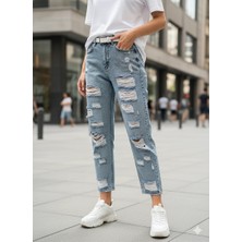 Cemo Kadın Yırtık Kot Pantolon Payetli Figür Detaylı Yüksek Bel Bol Kesim Mickey Mouse Desenli Jean