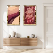 Zevahir Mobilya Dekorasyon Gold Aynalı Pleksi Çerçeveli Renkli Soyut Çiçekler Ikili Mdf Tablo Seti