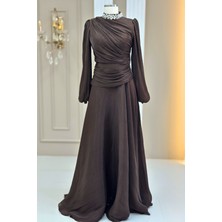 Amine Hüma Nergis Abiye Elbise Koyu Kahve