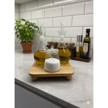 3'lü Cam Yağlık ve Tuzluk Seti – Bambu Altlıklı Şık Sunum Tombul Düz Cam Yağdanlık Set