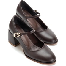 Dilimler Ayakkabı Kahverengi Kadın Kalın Topuklu Ayakkabı Baretli Vardola Kalın Tokalı