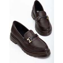 Dilimler Ayakkabı Kahverengi Kadın Loafer Günlük Ayakkabı Suni Deri Taşlı Tokalı