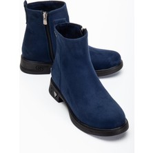 Dilimler Ayakkabı Kadın Bot Lacivert Süet Suni Deri Kauçuk Taban Yüzüdüz