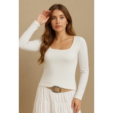 Fashion Friends Pamuklu Slim Fit Kare Yaka Bluz Bayan Bluz 25K0019K1