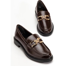 Dilimler Ayakkabı Kahverengi Kadın Loafer Günlük Ayakkabı Kırışık Rugan Tokalı