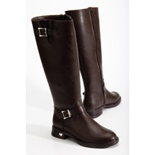 Dilimler Ayakkabı Kahverengi Kadın Çizme Düz Topuklu Bilek Kemerli