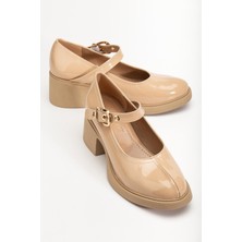 Dilimler Ayakkabı Bej Kadın Topuklu Günlük Ayakkabı Rugan Baretli Kalın Taban