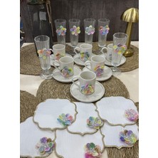 Hediye Köşkü Rengarenk Çiçekli Özel Üretim Lüks Porselen Kahve Sunum Seti