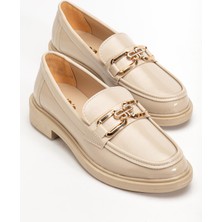 Dilimler Ayakkabı Bej Kadın Loafer Günlük Ayakkabı Kırışık Rugan Tokalı