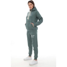 PHANTOM JEANS Petrol Şık Polarlı Kadın Eşofman Takımı Paça Lastikli Cepli Kapüşonlu Nakış Detaylı Compact Takım