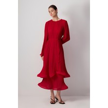 Touche Kırmızı Şifon Piliseli Elbise MKN4006