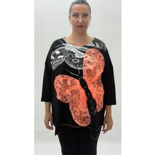 AlanyaXXL Büyük Beden Viskon Taşlı Boncuk Detaylı Kapri Kol Oversize Kadın Bluz