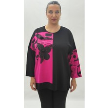 AlanyaXXL Büyük Beden Taşlı Çiçek Detaylı Uzun Kol Oversize Kadın Bluz