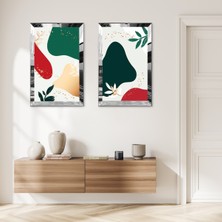 Zevahir Mobilya Dekorasyon Gümüş Aynalı Pleksi Çerçeveli Beyaz Arka Planlı Yeşil Şekiller Ikili Mdf Tablo Seti