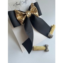 Siyah Kurdele Glitter Pırıltılı Fiyonklu Özel Tasarım 3’lü Toka Seti