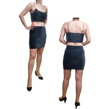 Nadom 2'li Yüksek Bel Lastikli Mini Etek Askılı Crop Esnek Likralı Simli Takım