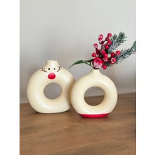 Candle Bee Design Geyik Desenli Kırmızı Krem Yılbaşı Dekoratif Vazo