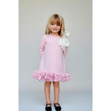 Magu Kız Çocuk Pamuklu Pudra Fırfır Detaylı Fiyonk Aksesuarlı Elbise – Özel Gün Şıklığı